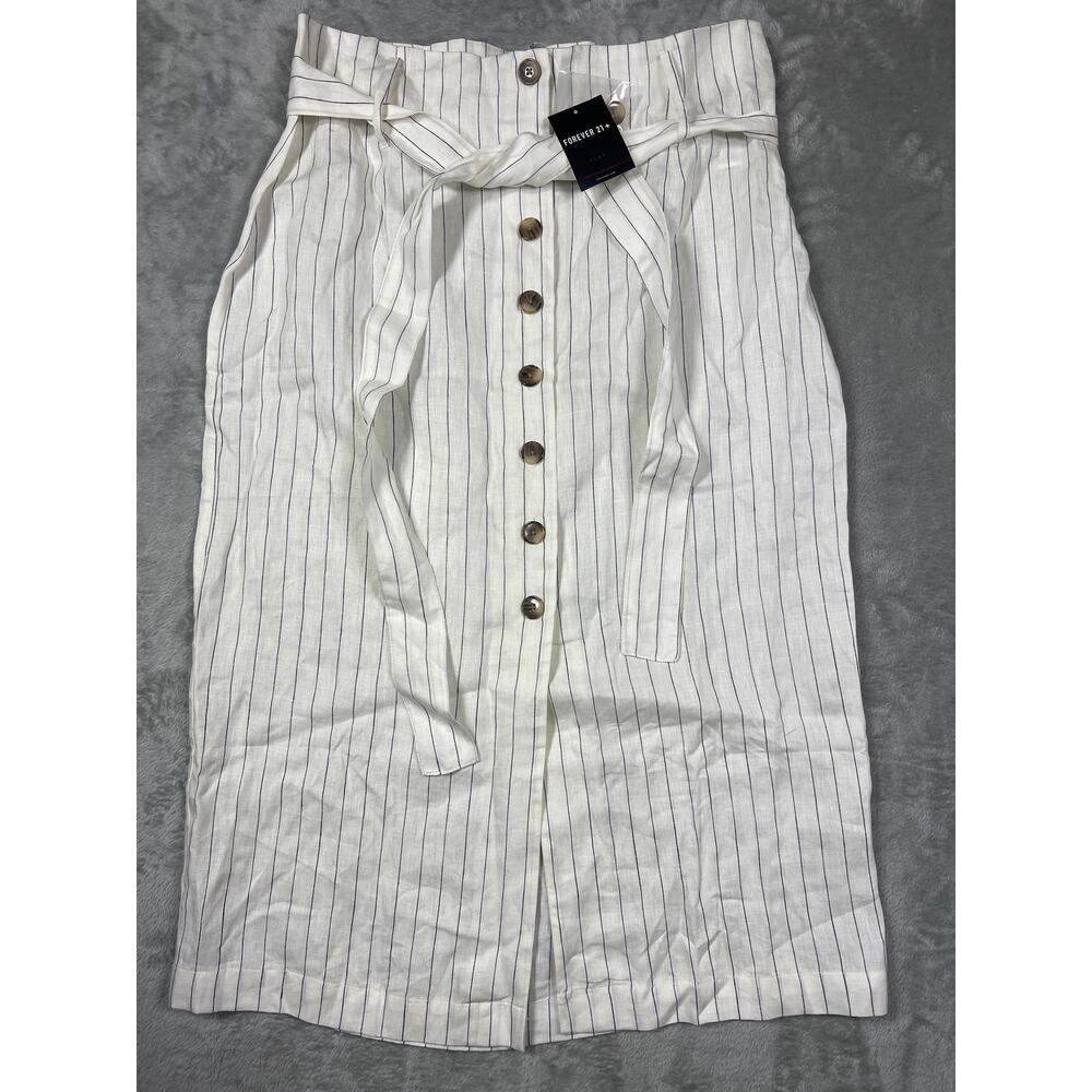 Forever 21 Plus 0x Linen Stripe Midi Skirt Tie Waist Button Front NWT - Picture 5 of 9
